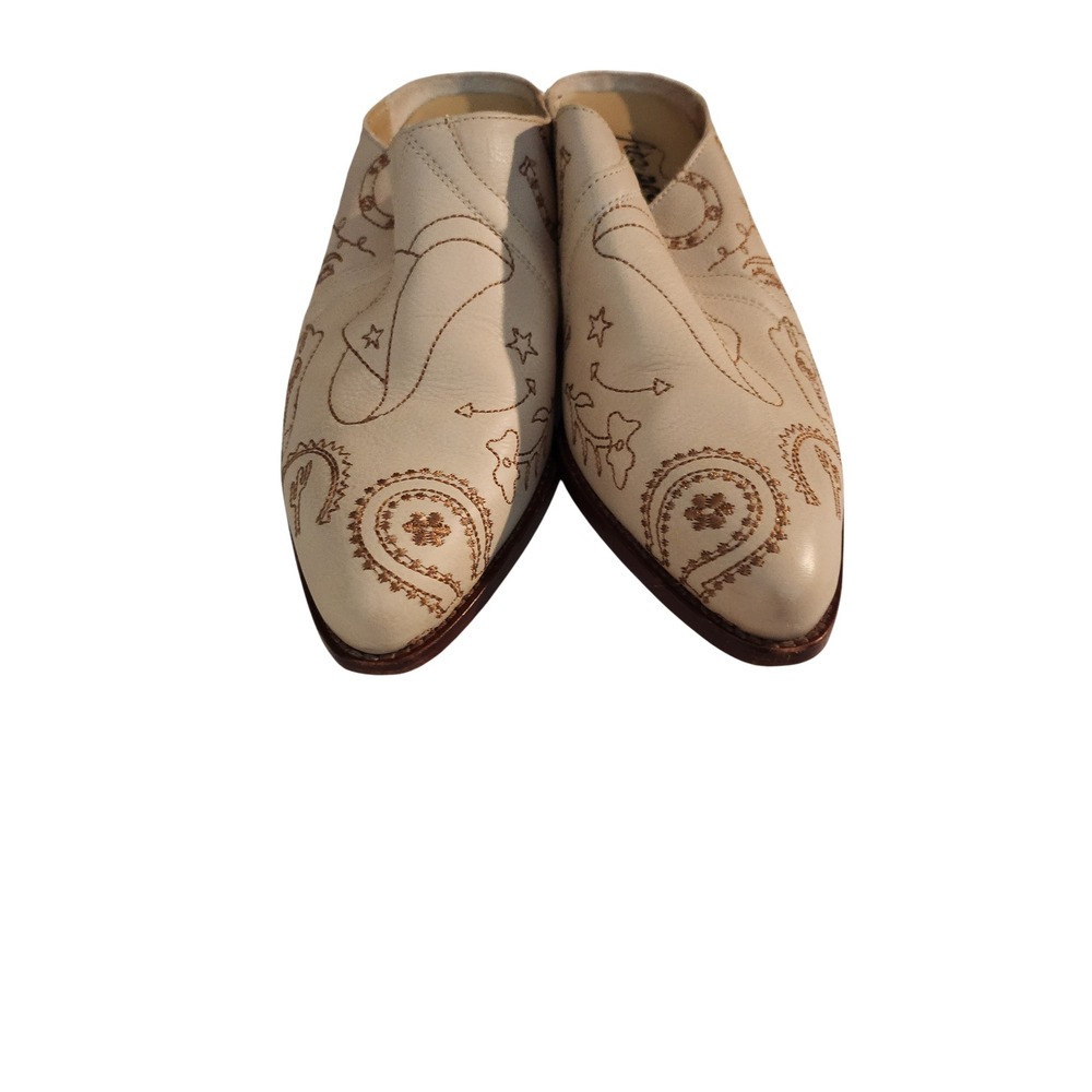Free People Western Embroidered Leather Mules Cream Pointed Toe Cone Heel 38 - Picture 4 of 6